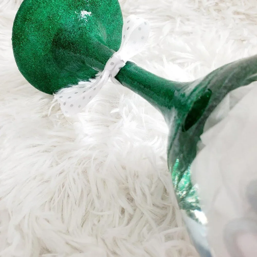 Mrs Claus Prefers Wine Green Glittered Stemmed Wine Glass, Funny Christmas Glass